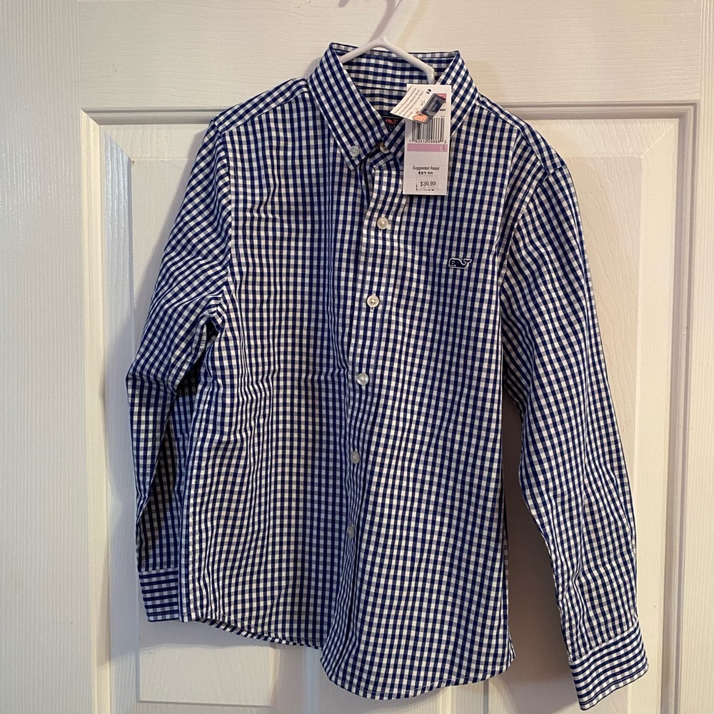 NWT Boys Navy Gingham Button Down size 6